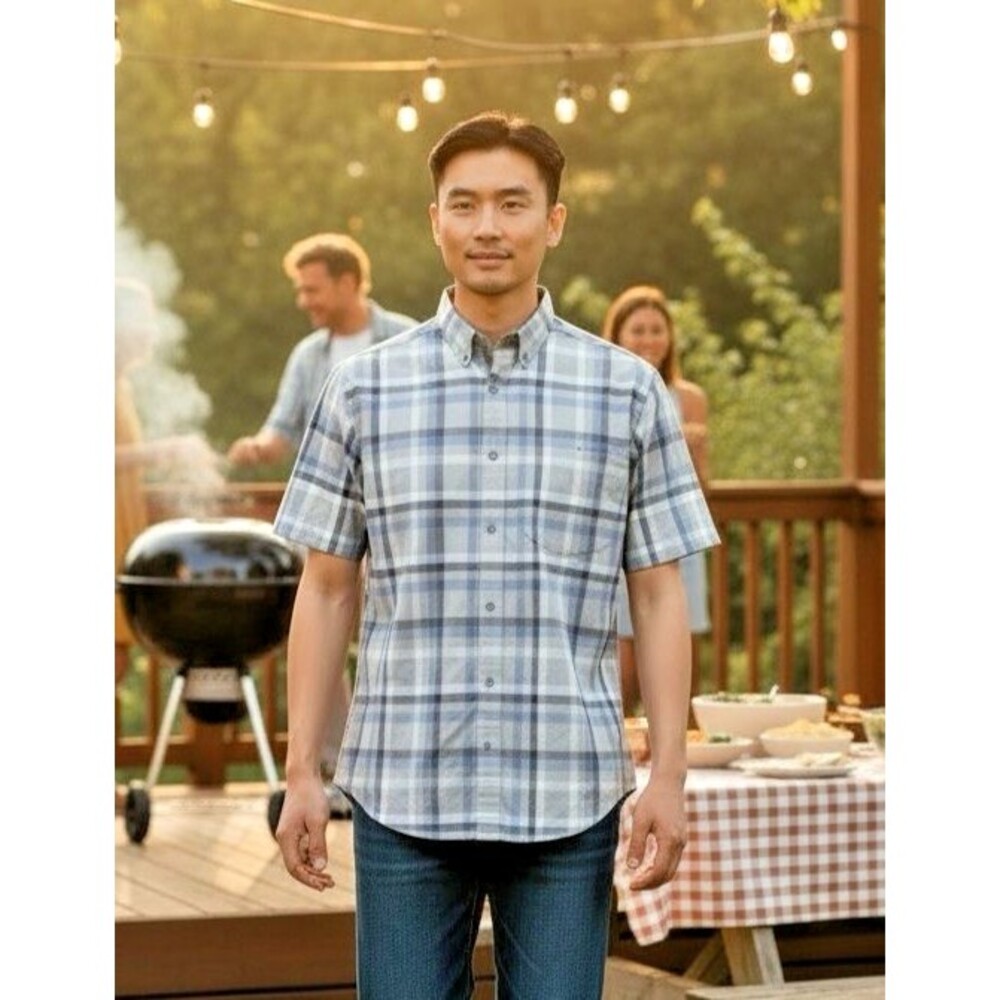 Ecothreads mens NWOT short sleeve checked snap up shirt XL quiet luxury